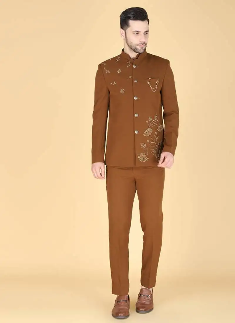 Brown bandhgala with embroidered waistcoat for men