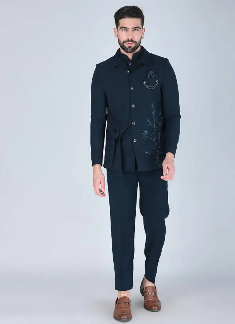 Teal green bandhgala with embroidered waistcoat for men