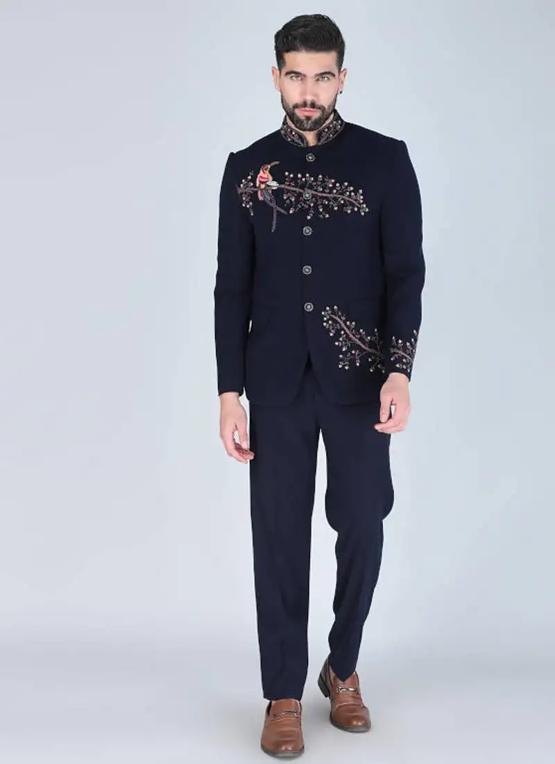 Navy embroidered bandhgala suit for men