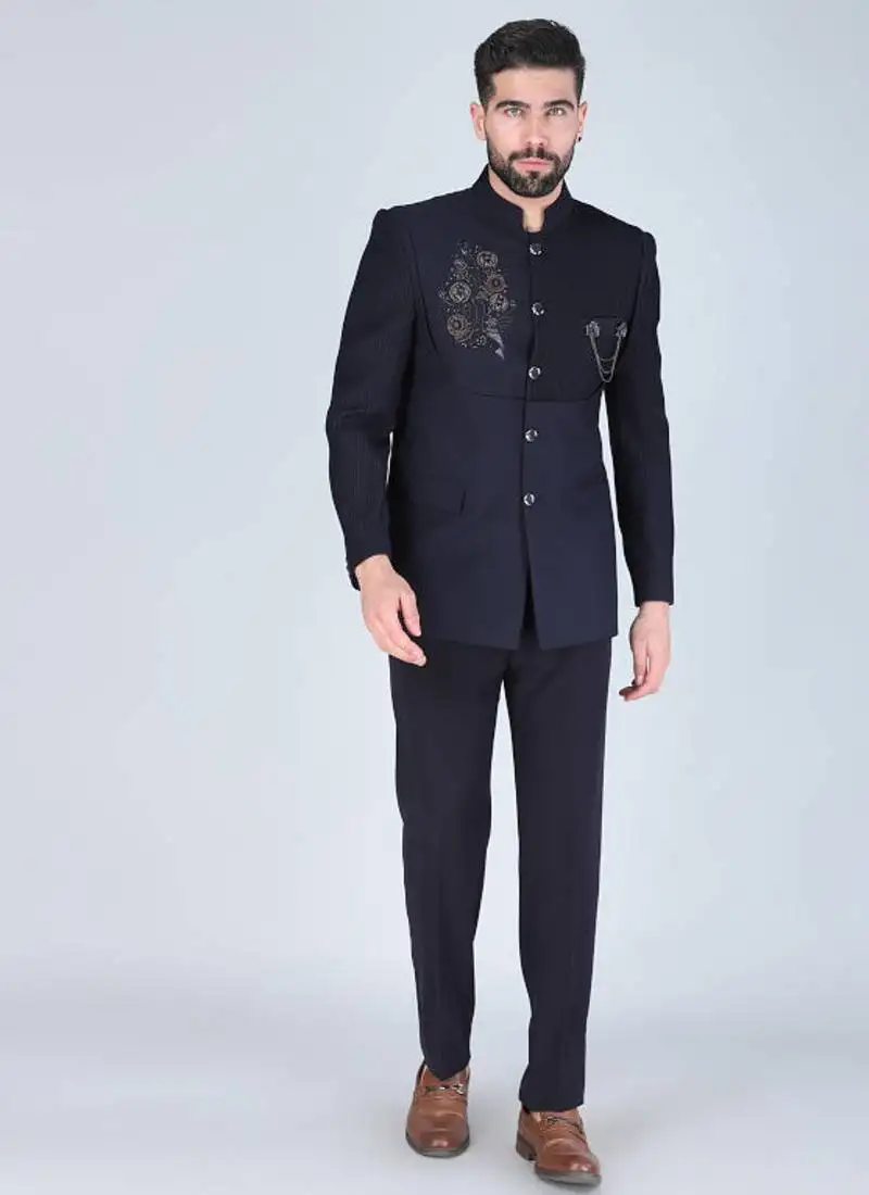 Navy embroidered bandhgala suit with pintex detailing
