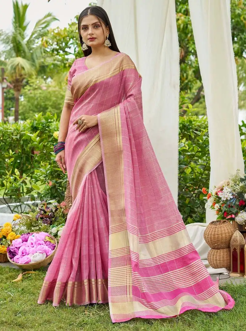 Pink tissue saree with unstiched blouse