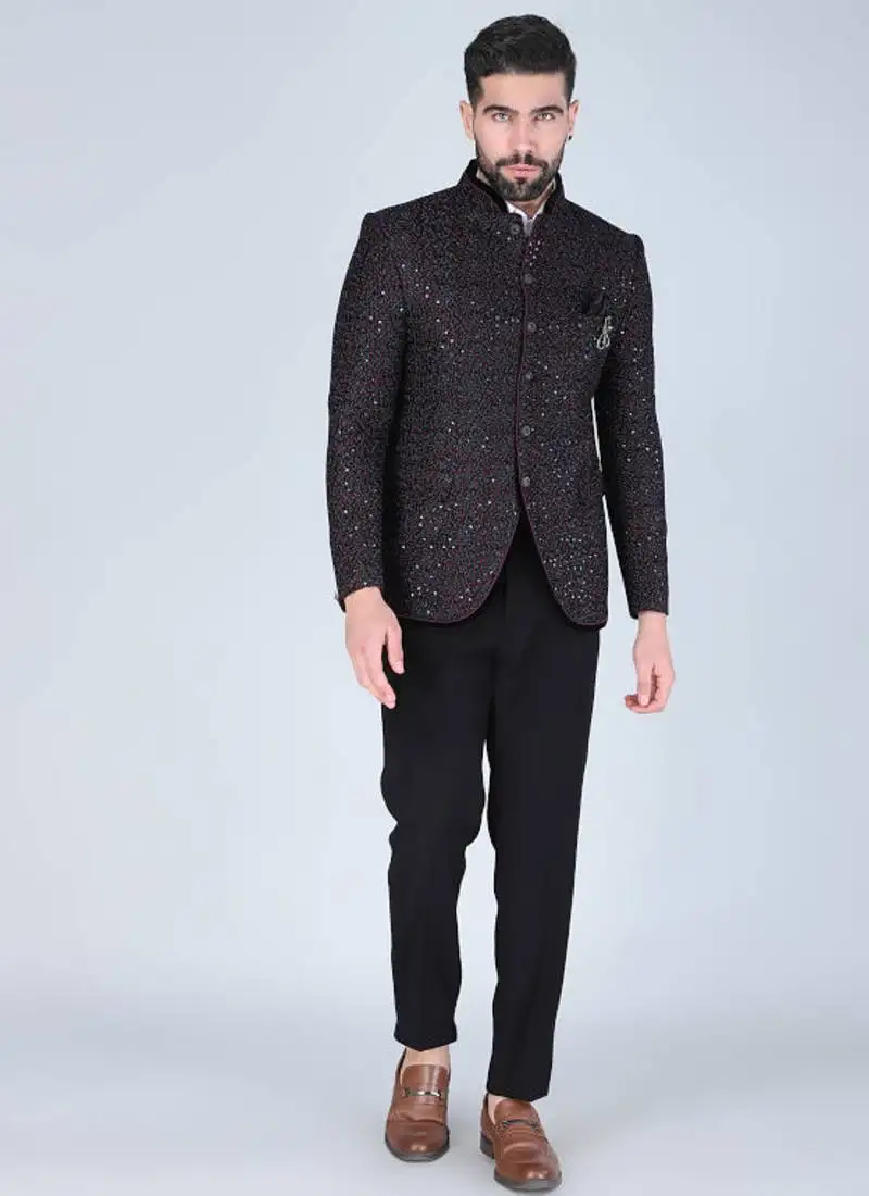 Black thread embroidered bandhgala suit for men