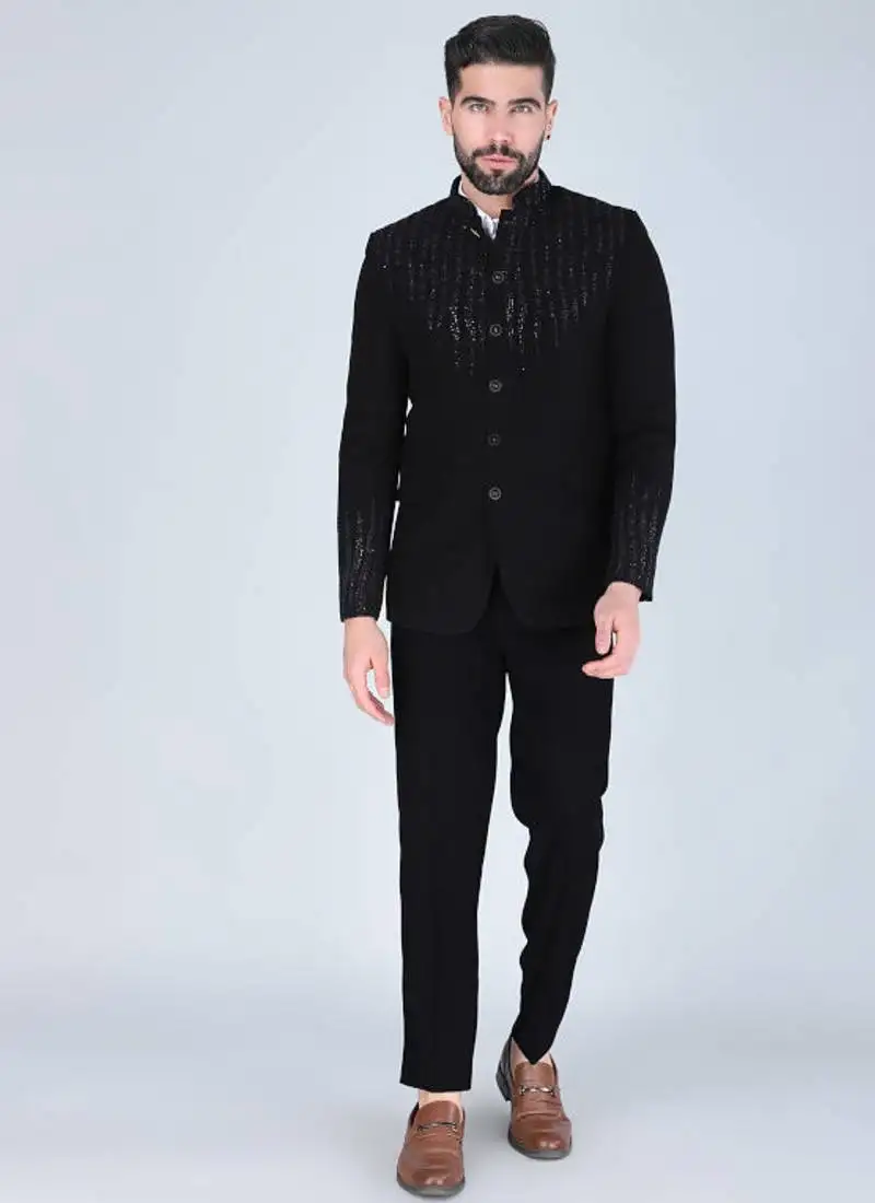 Black embroidered bandhgala suit for men