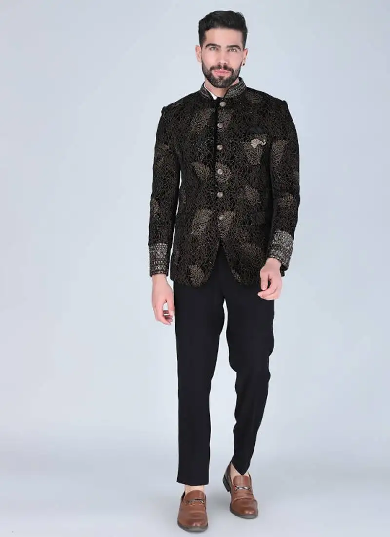 Black metal embroidered bandhgala suit for men