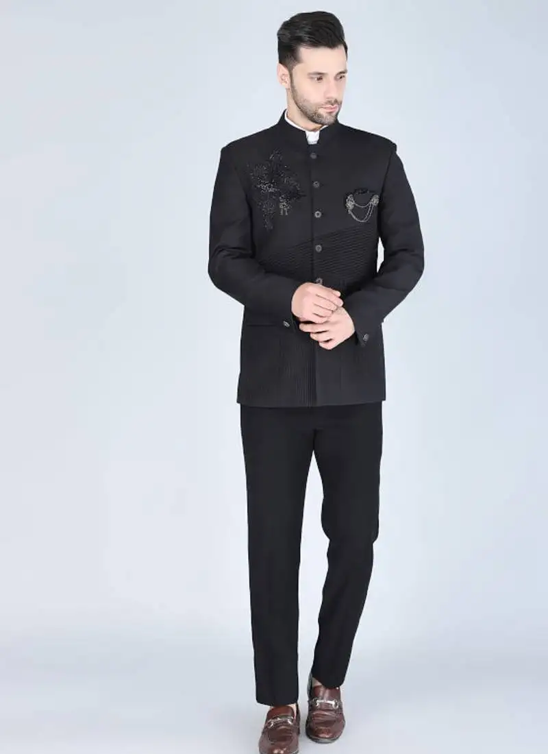 Black embroidered bandhgala suit with pintex detailing
