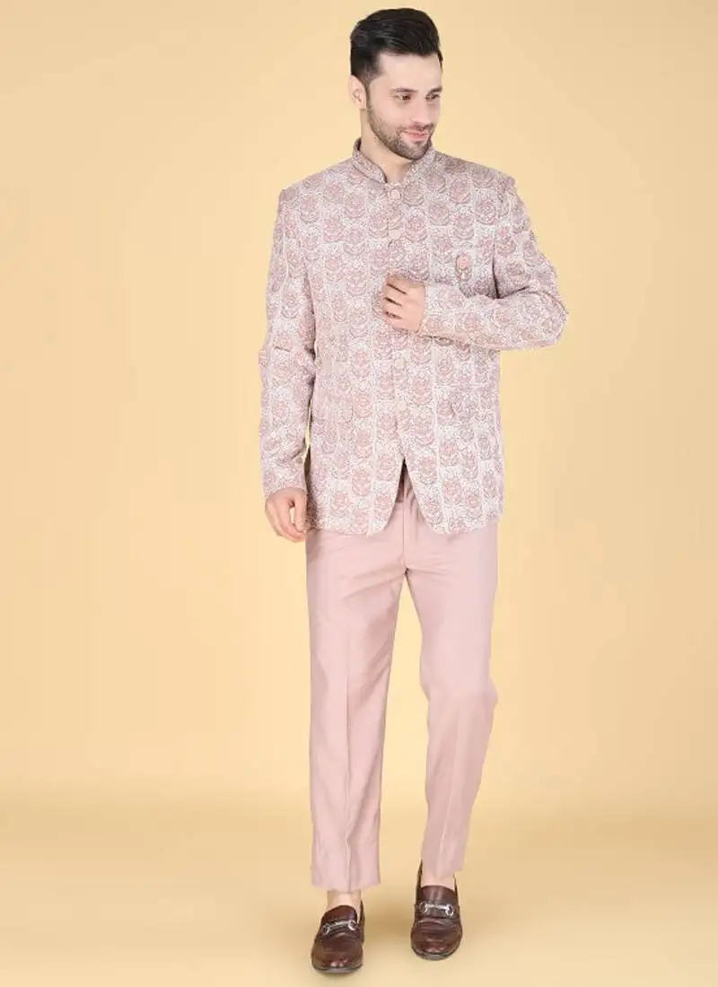 Pink embroidered bandhgala suit for men