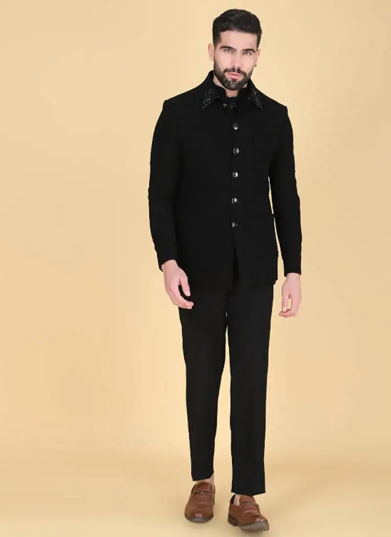 Black bandhgala with embroidered waistcoat for men
