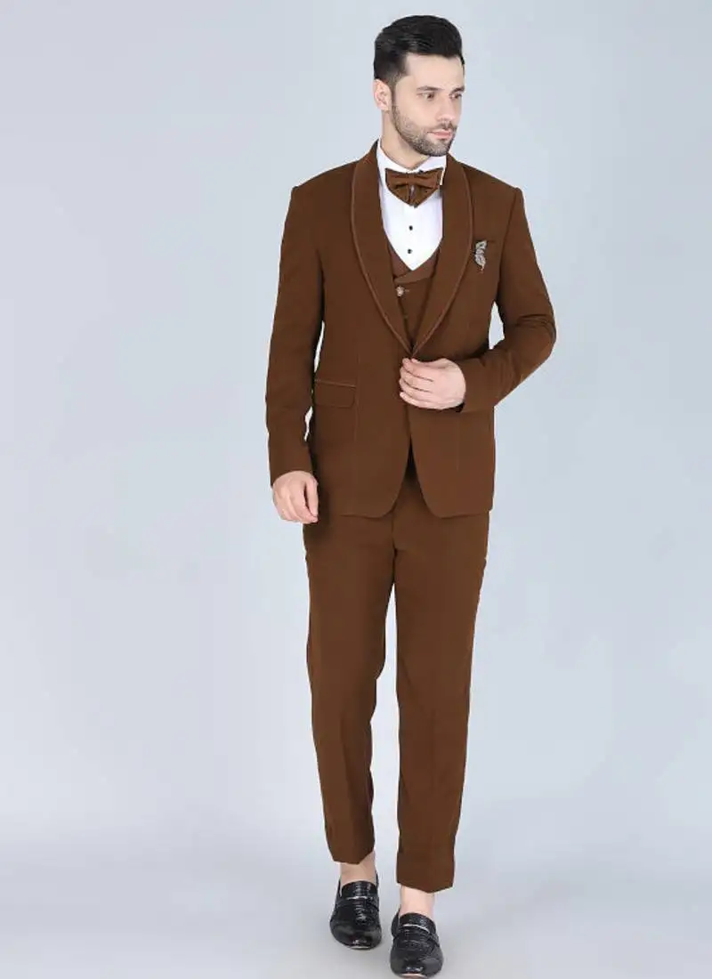 Brown 5 pc designer suit with pintex detailing