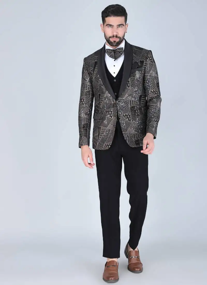 Black 5 pc thread and sequins embroidered designer tuxedo suit for men