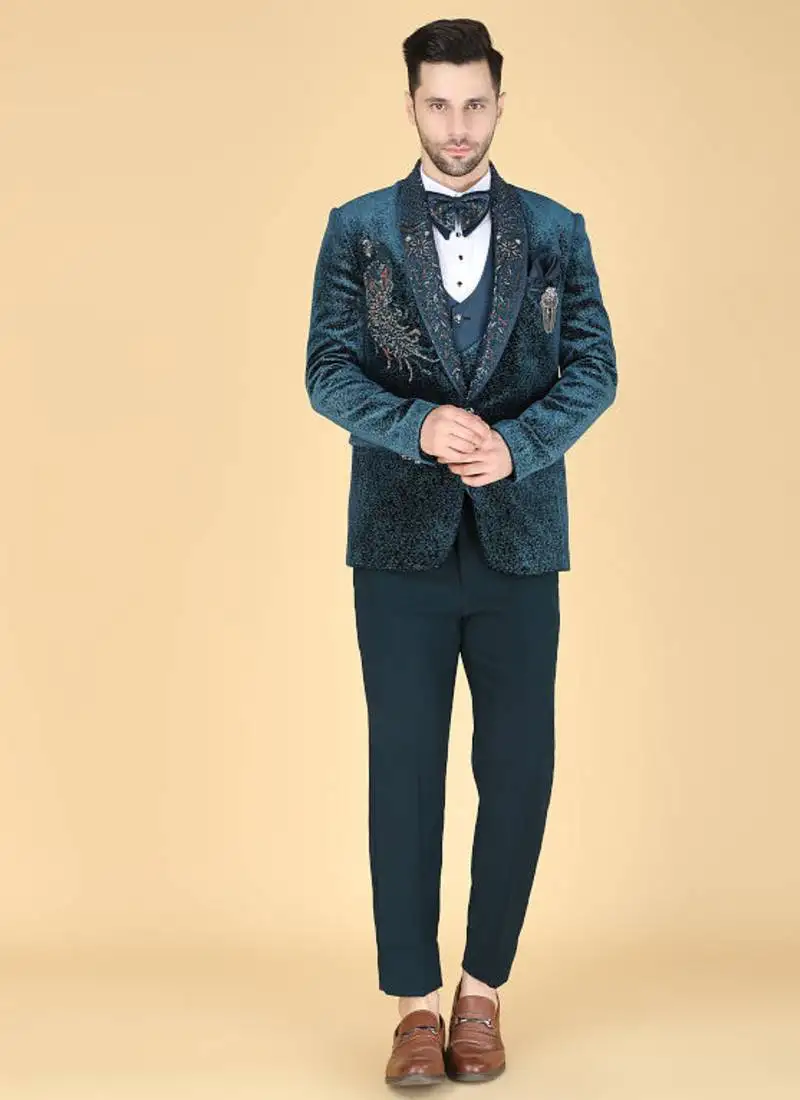 Teal 5 pc embroidered designer tuxedo suit for men