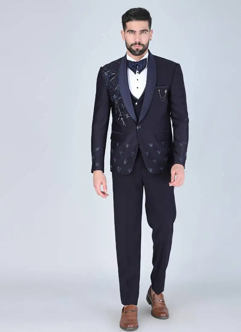 Navy 5 pc embroidered designer tuxedo suit for men