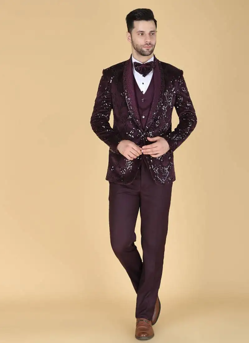 Purple 5 pc embroidered designer tuxedo suit for men