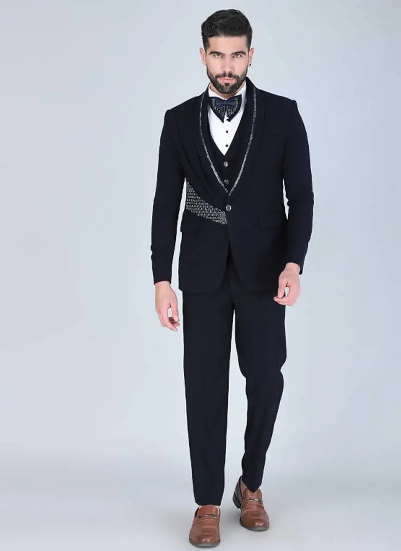 Navy 5 pc metal embroidered tuxedo suit for men