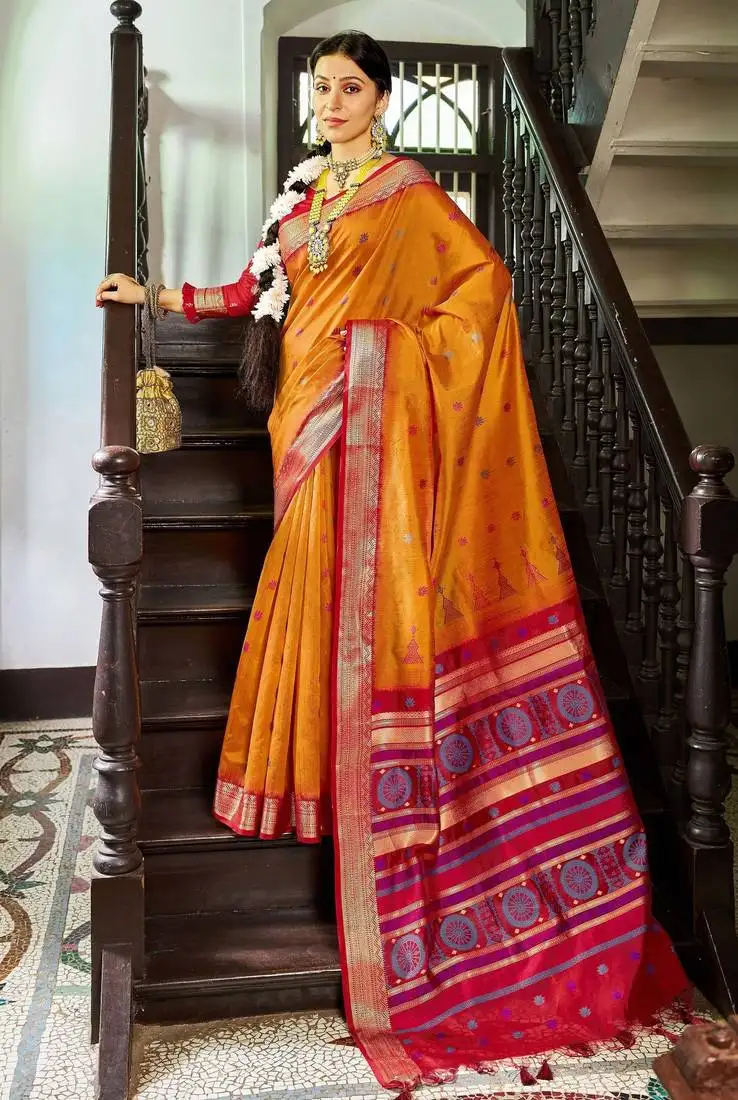 Mustard silk blend saree with unstitched blouse