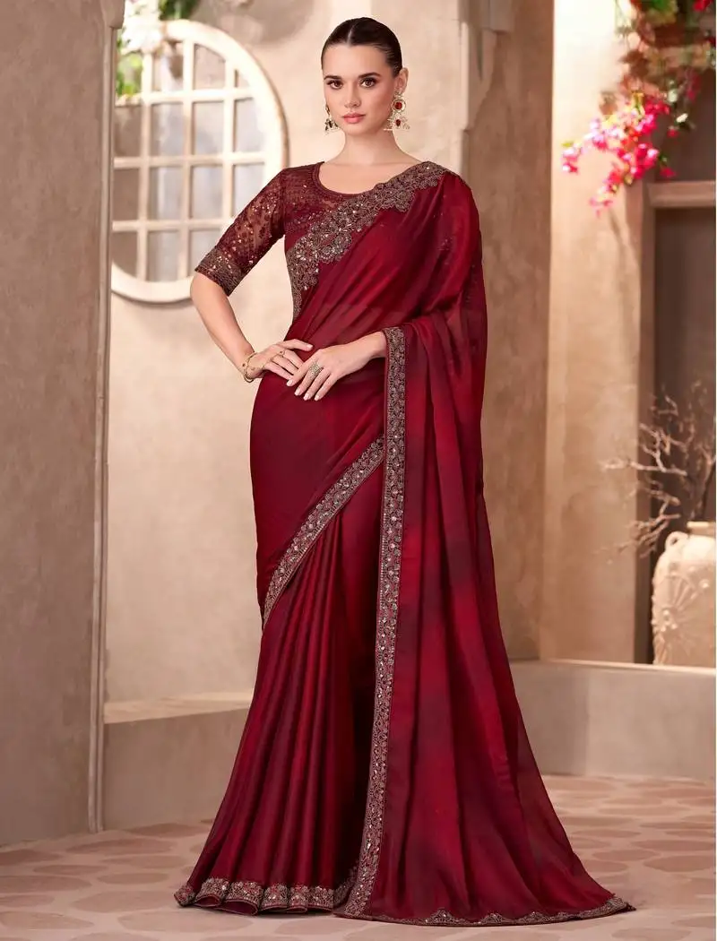 Maroon sparkle shaded chiffon saree with linen work blouse