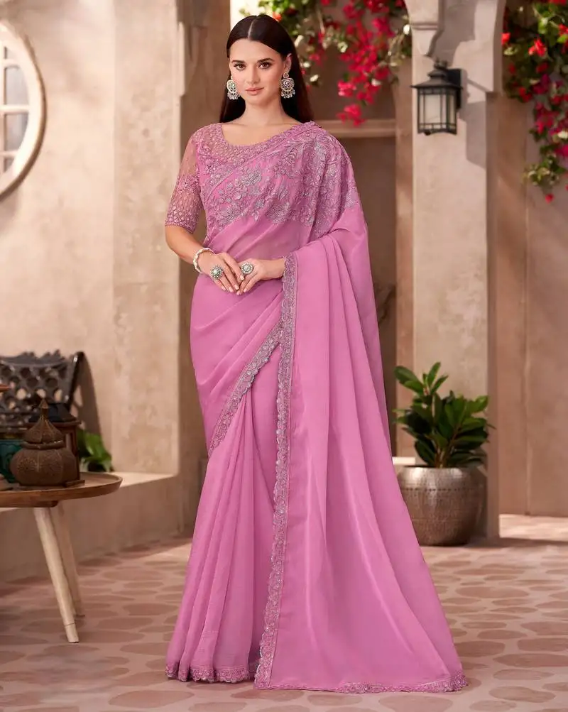 Pink shine & silk pink chiffon saree with georgette work blouse