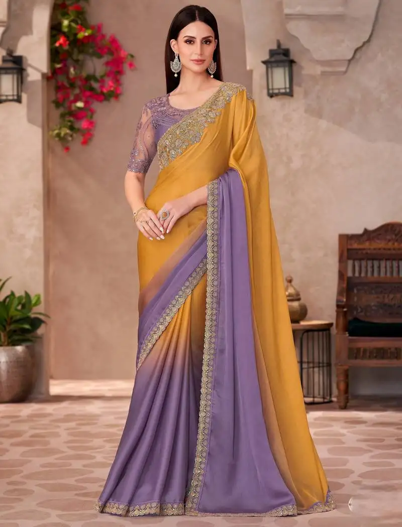 Multy majestic shaded chiffon saree with linen work blouse