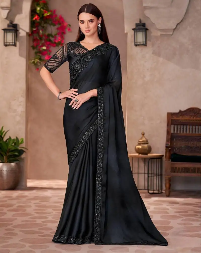 Black sparkle shaded chiffon saree with satin work blouse