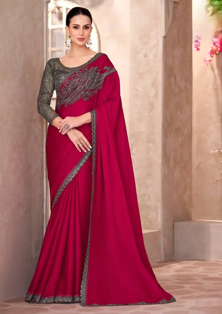 Cherry red pure chiffon saree with linen work blouse
