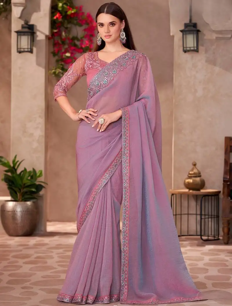 Rich pink shining georgette saree with linen work blouse