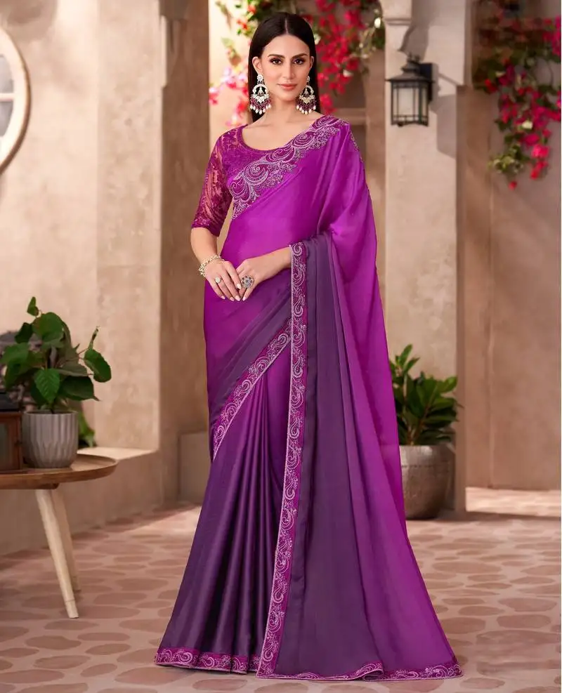 Purple majestic shaded chiffon saree with satin work blouse