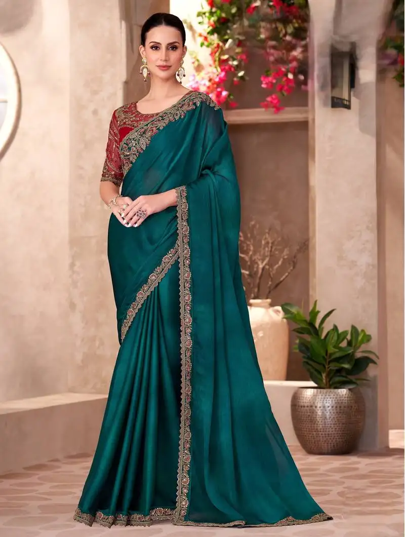 Teal blue sparkle shaded chiffon saree with georgette work blouse