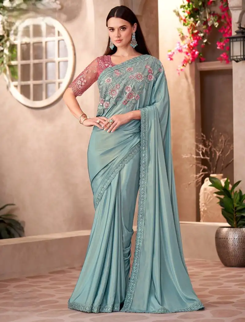 Sky shimmer silk crape saree with linen work blouse