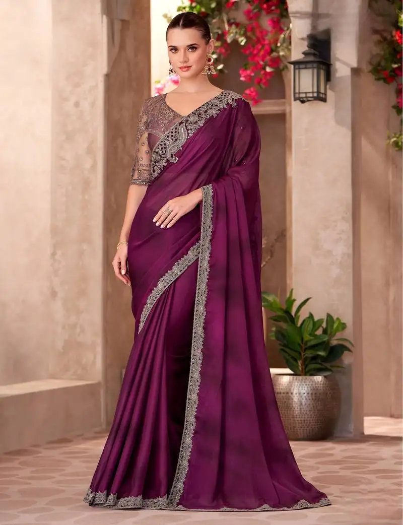 Fine wine satin chiffon saree with satin work blouse