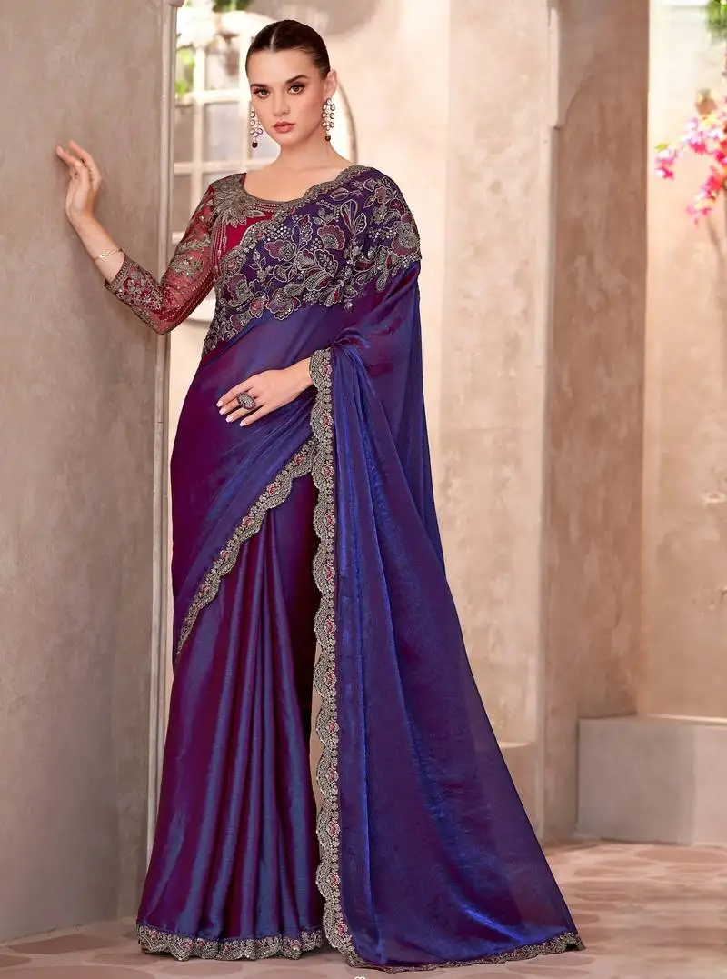 Purple electric feel satin georgette saree with georgette work blouse