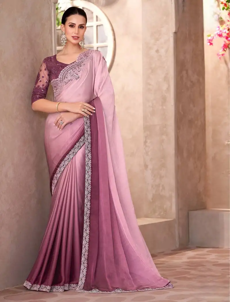 Pink majestic shaded chiffon saree with linen work blouse