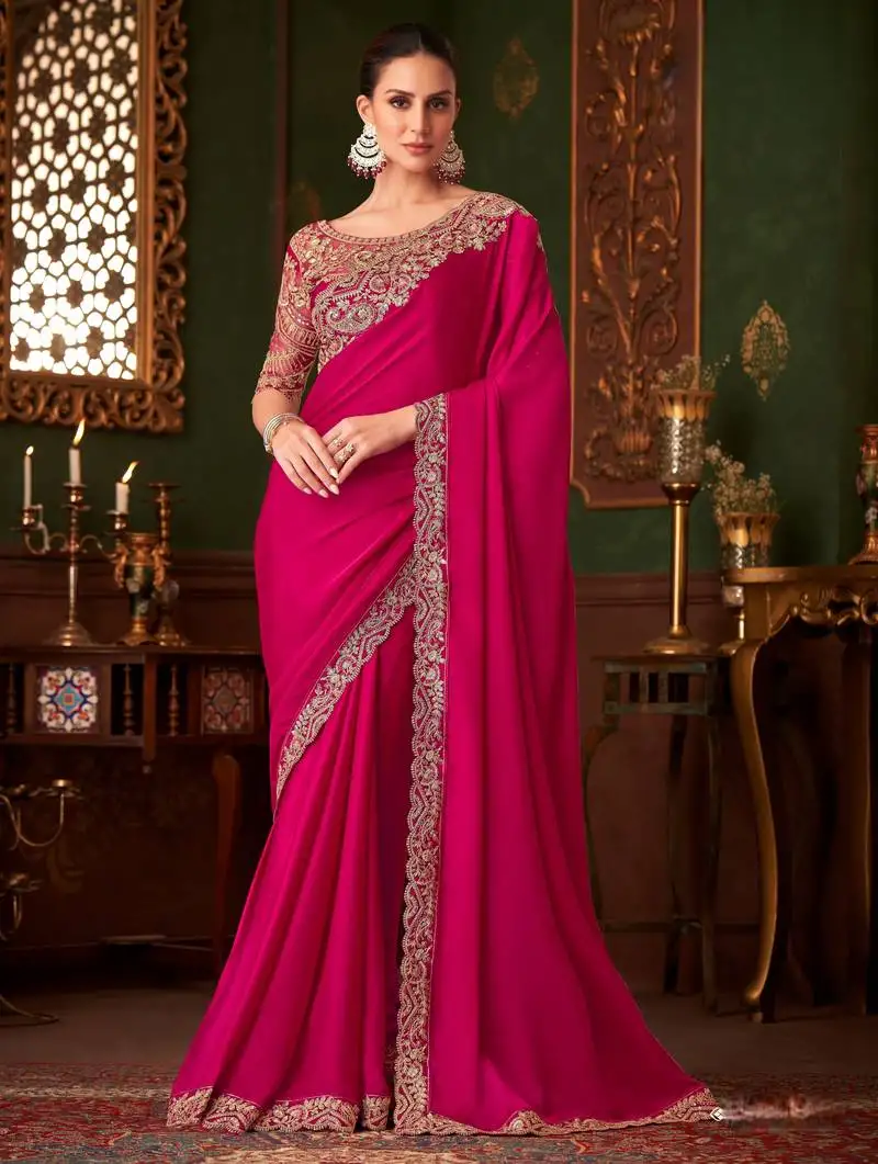 Rani pink magic satin silk saree with satin silk blouse
