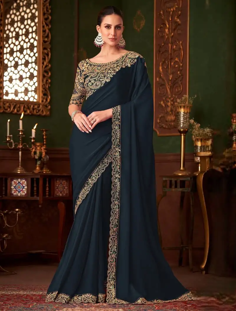 Navy blue magic satin silk saree with satin silk blouse