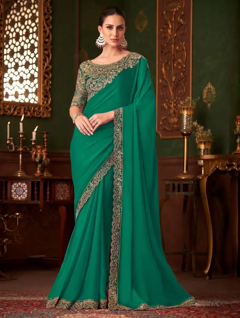 Green magic satin silk saree with satin silk blouse