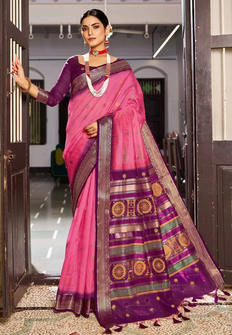 Pink silk blend saree with unstitched blouse
