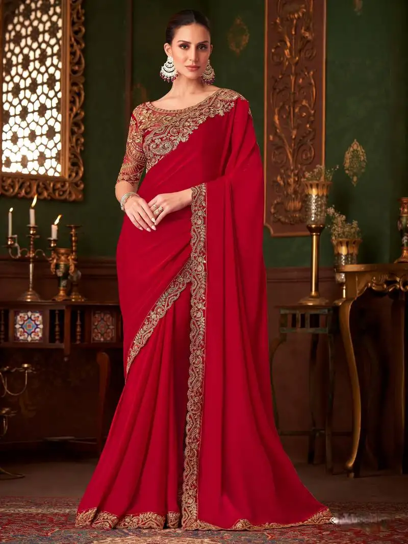 Red magic satin silk saree with satin silk blouse