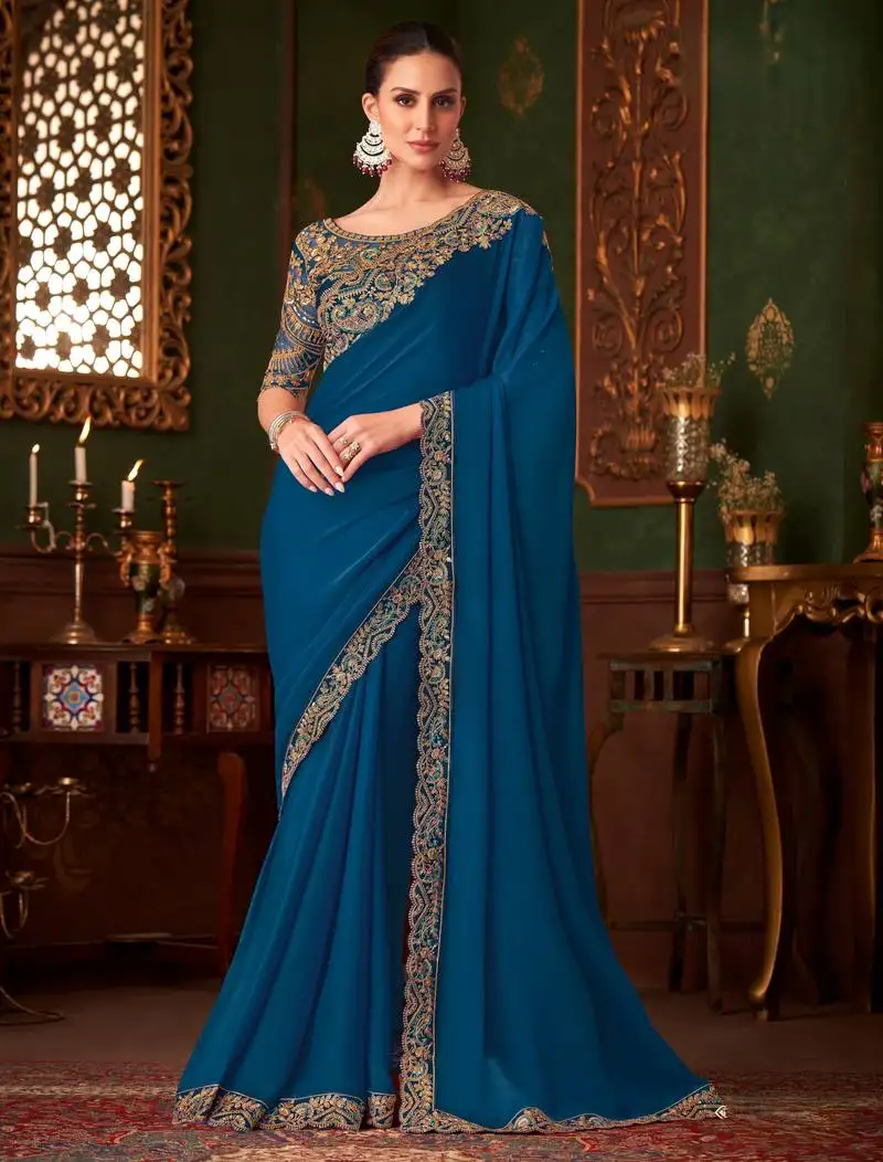 Teal magic satin silk saree with satin silk blouse