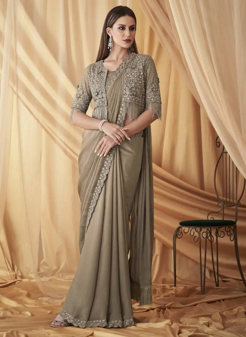 Mouse sparkling satin georgette saree with unstitched blouse & work jacket