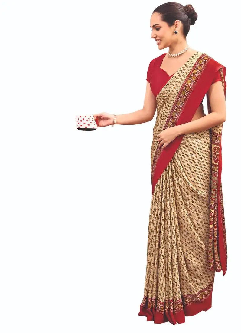 Cream crepe silk printed saree with unstitched blouse