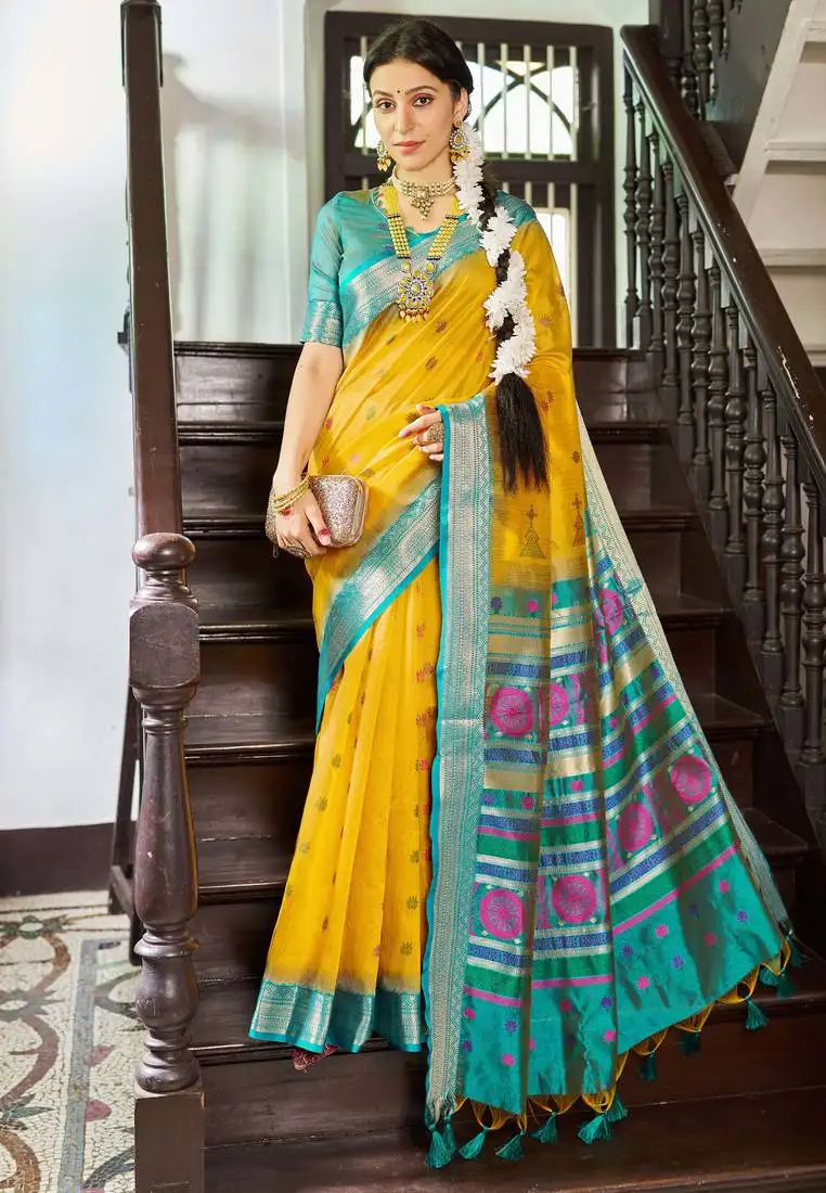 Yellow rama silk blend saree with unstitched blouse
