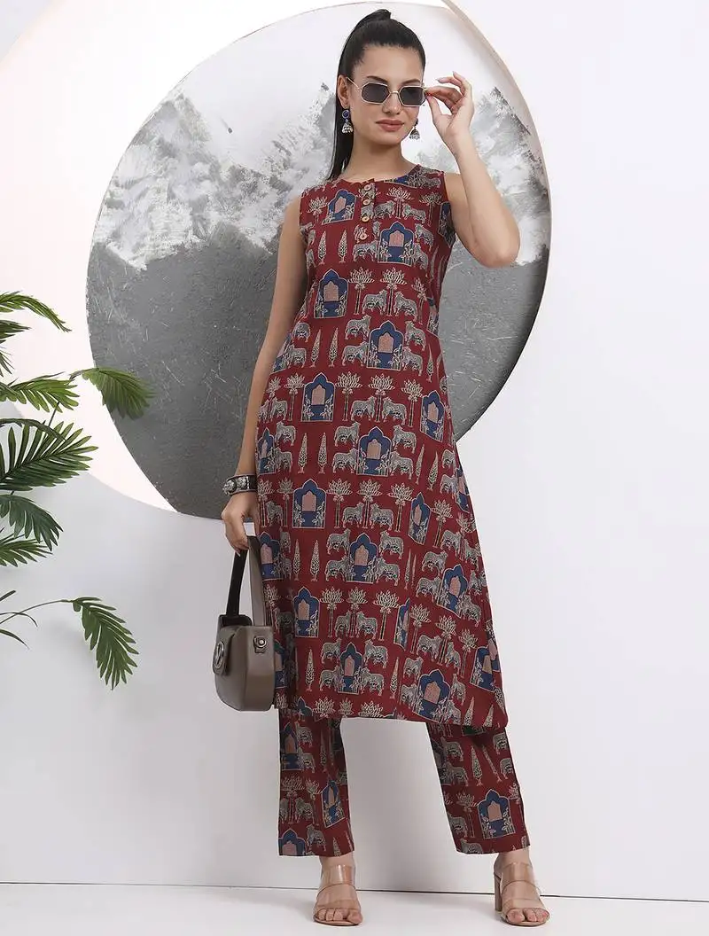 Rust animal print aline pure cotton kurta trouser set
