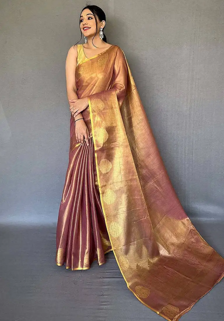 Brown silk blend saree with unstitched blouse