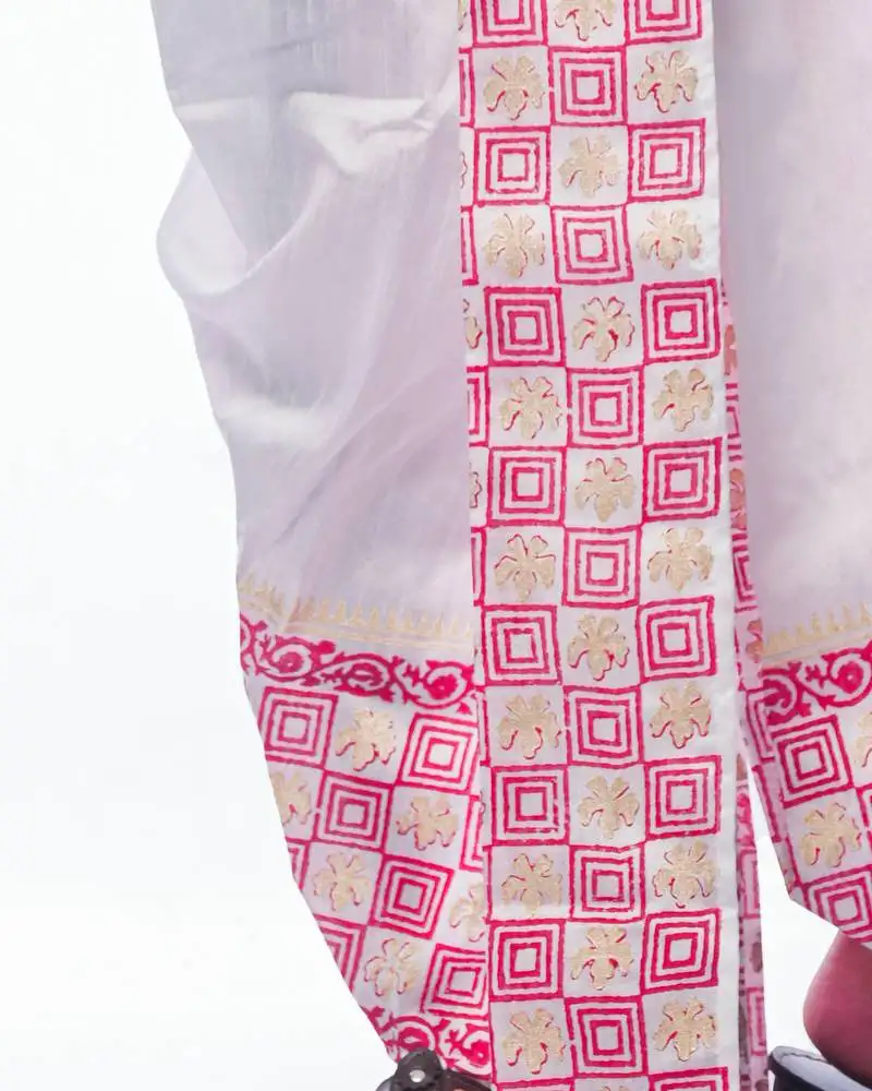 White hand block print dupion silk dhoti for men (free size)