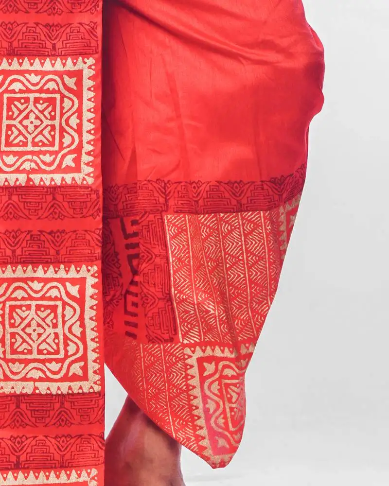 Red hand block print dupion silk dhoti for men (free size)