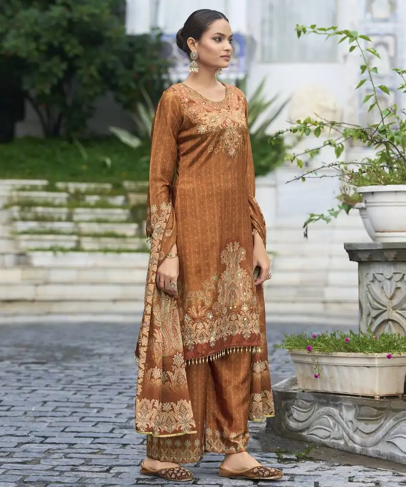 Rust brown chinon chiffon pakistani printed pakistani style kurta with palazzo & printed dupatta stitched