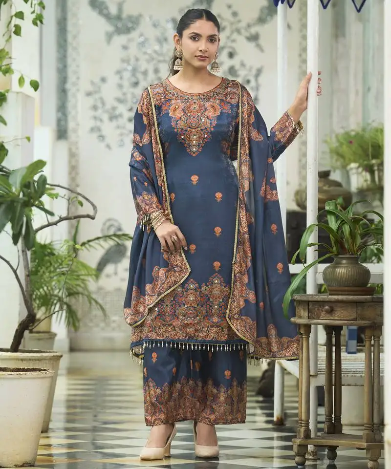 Navy blue chinon chiffon pakistani printed pakistani style kurta with palazzo & printed dupatta stitched
