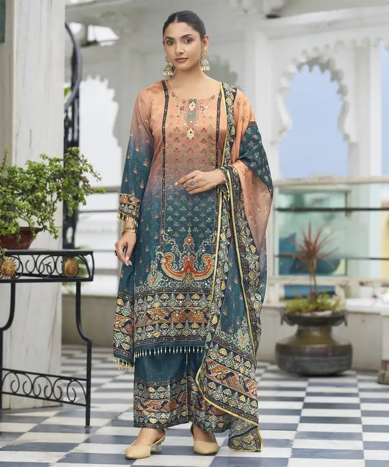 Peach chinon chiffon pakistani printed pakistani style kurta with palazzo & printed dupatta stitched