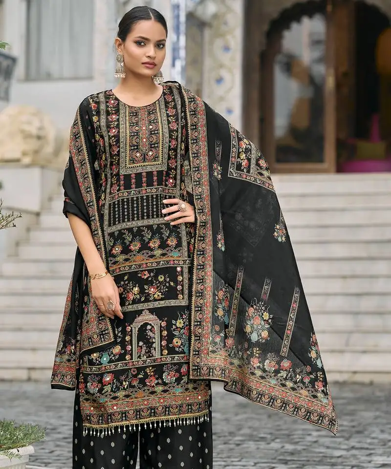 Black chinon chiffon pakistani printed pakistani style kurta with palazzo & printed dupatta stitched