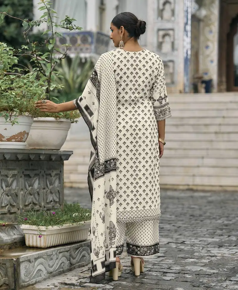 Ivory chinon chiffon pakistani printed pakistani style kurta with palazzo & printed dupatta stitched