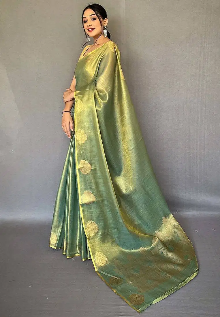 Greeen silk blend saree with unstitched blouse