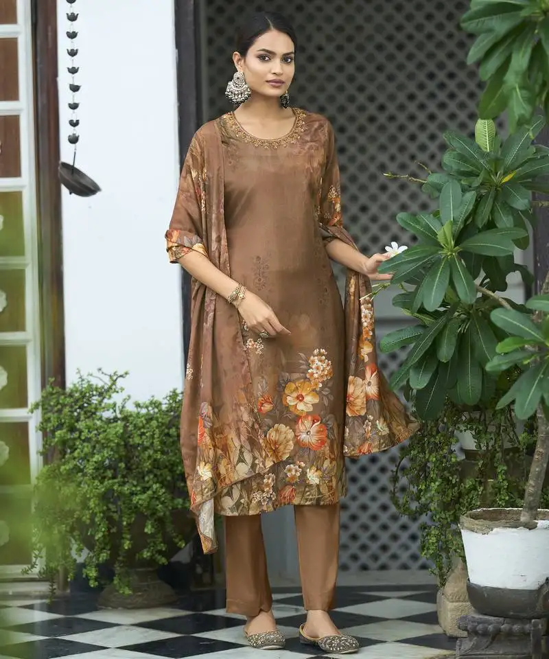 Brown chinon chiffon floral printed straight kurta with pant & printed dupatta stitched